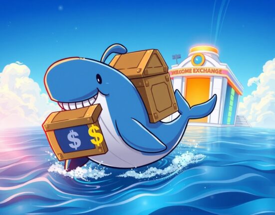 A cartoon whale making a massive USDT transfer to a cryptocurrency exchange, symbolizing a large market movement.