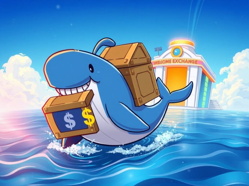A cartoon whale making a massive USDT transfer to a cryptocurrency exchange, symbolizing a large market movement.
