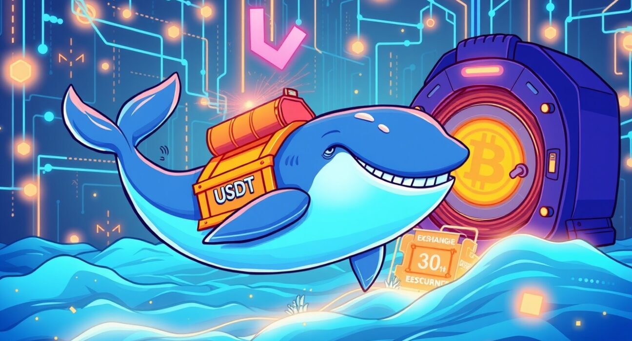 A cartoon whale making a massive USDT transfer to a crypto exchange, symbolizing large-scale market movement.