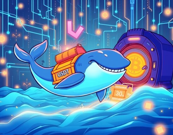 A cartoon whale making a massive USDT transfer to a crypto exchange, symbolizing large-scale market movement.