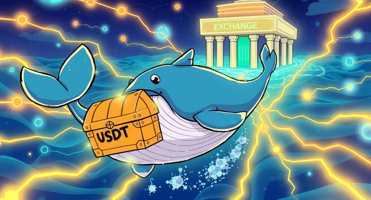 A cartoon whale making a massive USDT transfer to the OKX crypto exchange, symbolizing a major liquidity shift.