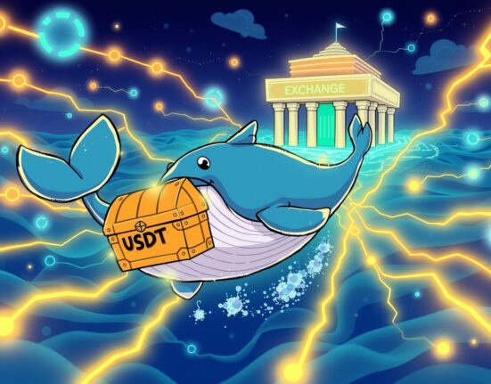 A cartoon whale making a massive USDT transfer to the OKX crypto exchange, symbolizing a major liquidity shift.