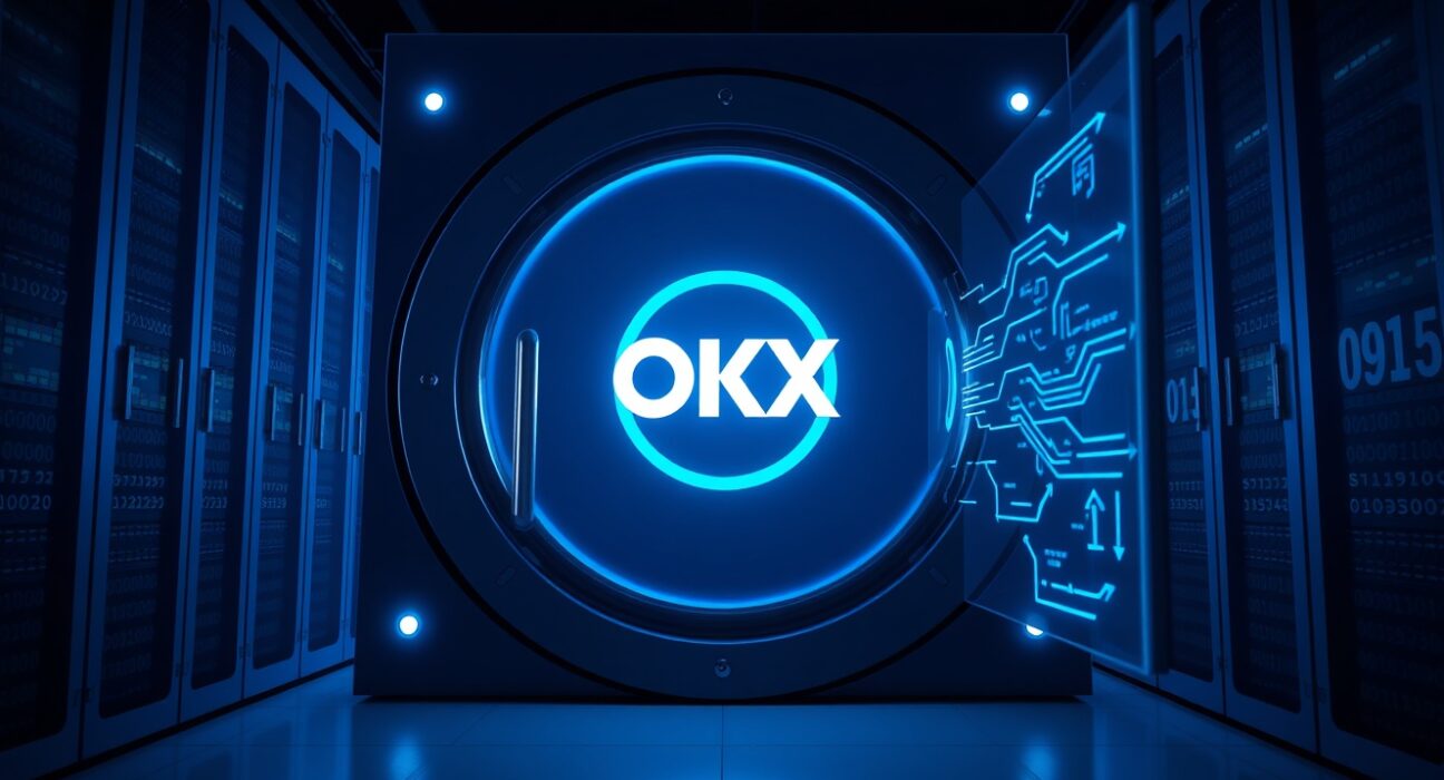 Massive USDT cryptocurrency transfer visualized as data flowing to OKX exchange, representing a major whale transaction.