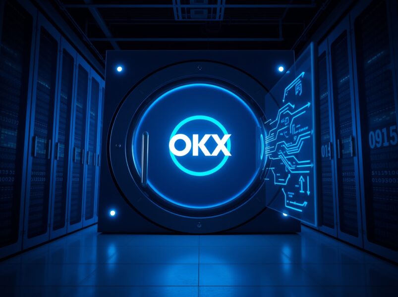 Massive USDT cryptocurrency transfer visualized as data flowing to OKX exchange, representing a