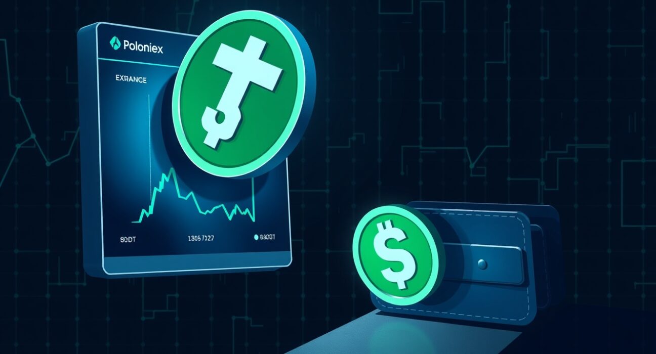 Digital illustration of a large USDT token moving from a Poloniex exchange interface to an unknown wallet on a dark network background.