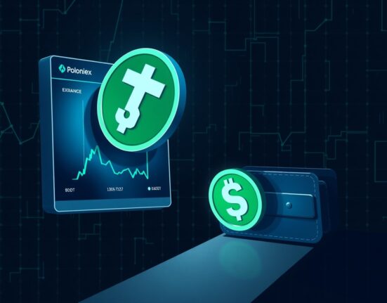 Digital illustration of a large USDT token moving from a Poloniex exchange interface to an unknown wallet on a dark network background.