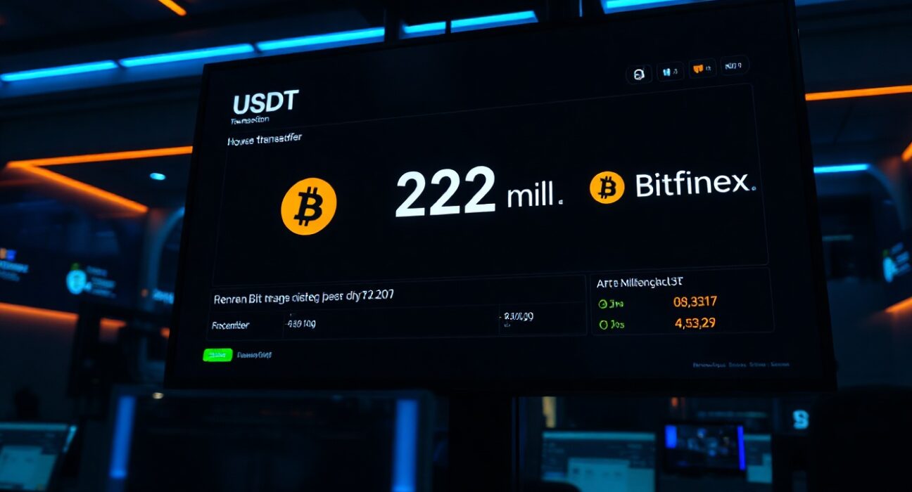 Digital screen showing a $233 million USDT transaction from RenrenBit to Bitfinex on a cryptocurrency dashboard.