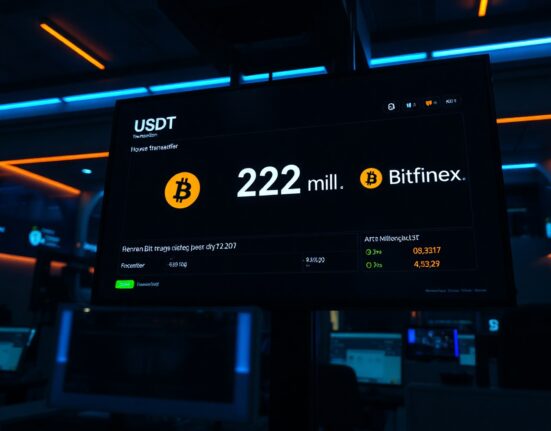 Digital screen showing a $233 million USDT transaction from RenrenBit to Bitfinex on a cryptocurrency dashboard.
