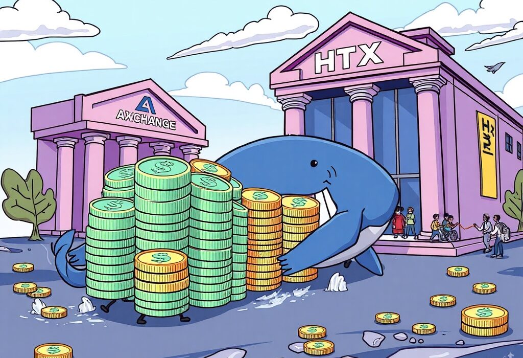 A cartoon whale orchestrates a monumental USDT transfer, symbolizing a large crypto liquidity shift between platforms.
