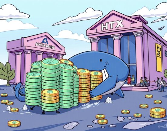 A cartoon whale orchestrates a monumental USDT transfer, symbolizing a large crypto liquidity shift between platforms.