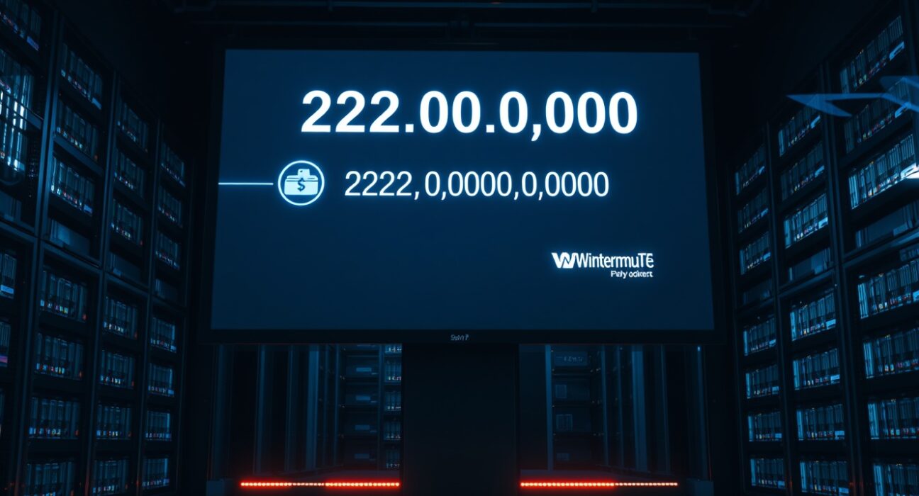 Digital screen showing a large USDT blockchain transaction from an unknown wallet to Wintermute on a trading floor.