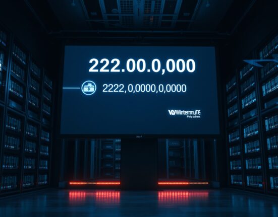 Digital screen showing a large USDT blockchain transaction from an unknown wallet to Wintermute on a trading floor.