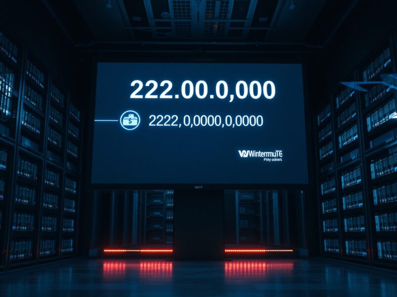 Digital screen showing a large USDT blockchain transaction from an unknown wallet to Wintermute on a trading floor.