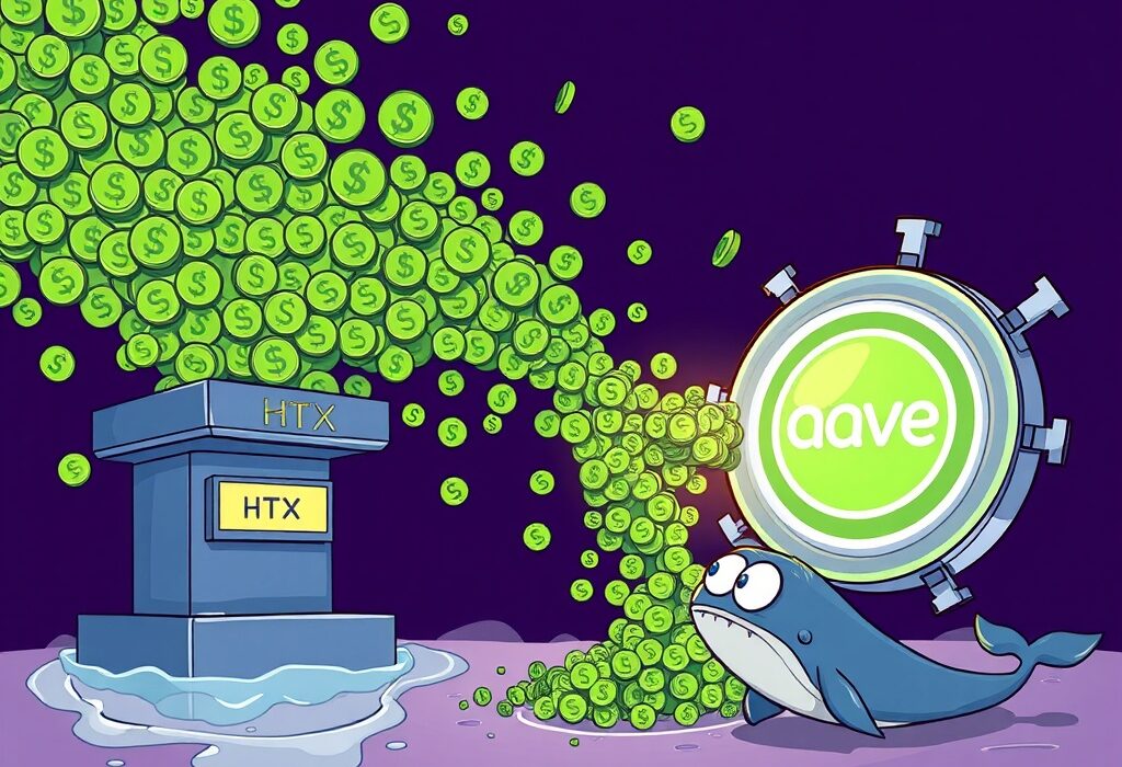 Cartoon illustration showing a large amount of USDT transferred from HTX to Aave, symbolizing a significant crypto whale transaction.