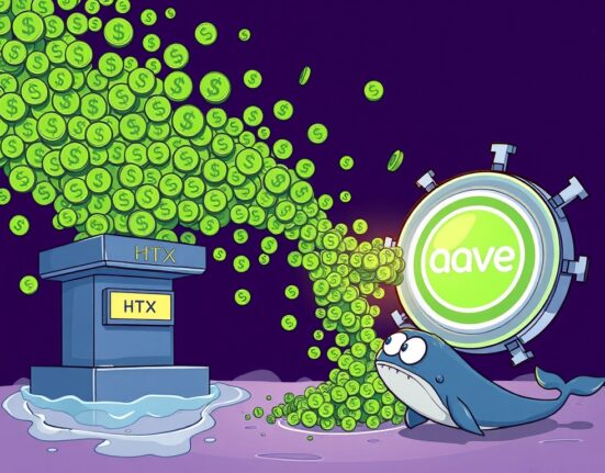 Cartoon illustration showing a large amount of USDT transferred from HTX to Aave, symbolizing a significant crypto whale transaction.