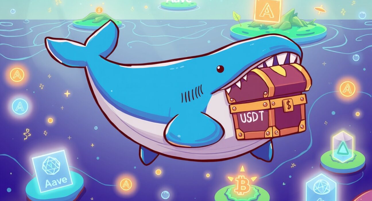 A cartoon whale moving USDT stablecoin treasure in a vibrant blockchain ocean, illustrating a massive USDT transferred between exchanges.