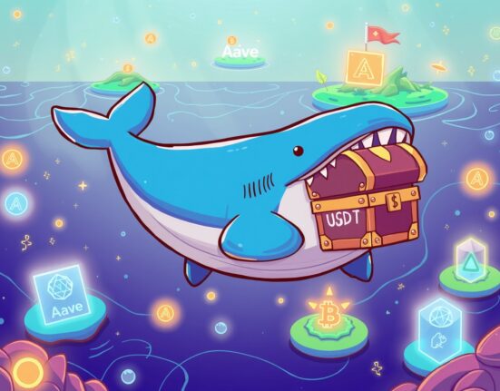 A cartoon whale moving USDT stablecoin treasure in a vibrant blockchain ocean, illustrating a massive USDT transferred between exchanges.