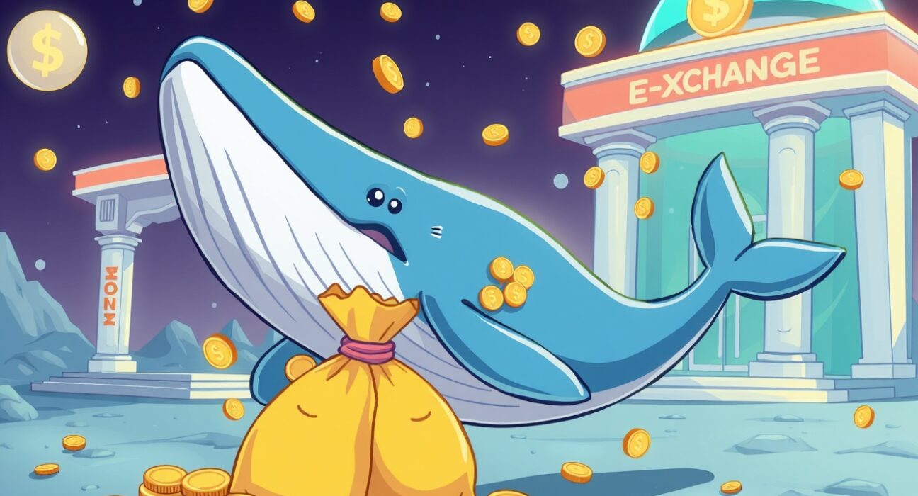 Cryptocurrency whale transferring USDT to OKX exchange in dramatic cartoon illustration