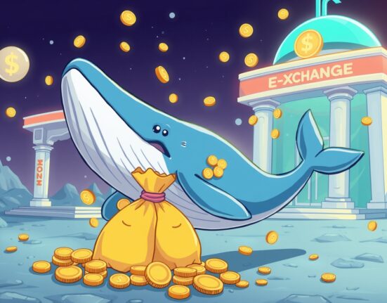 Cryptocurrency whale transferring USDT to OKX exchange in dramatic cartoon illustration