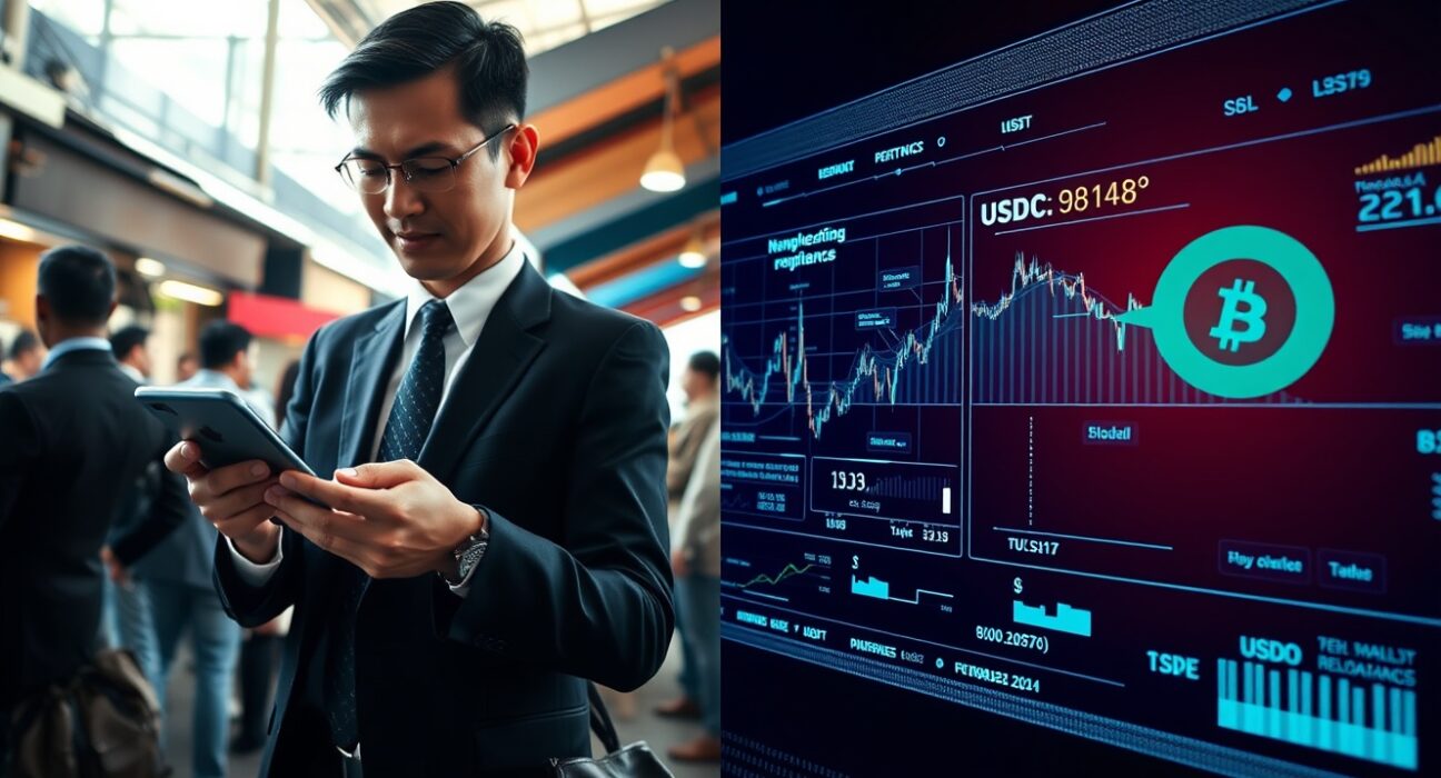 Split scene showing a contactless payment transaction on the left and a DeFi interface on the right, illustrating USDT and USDC specialization.