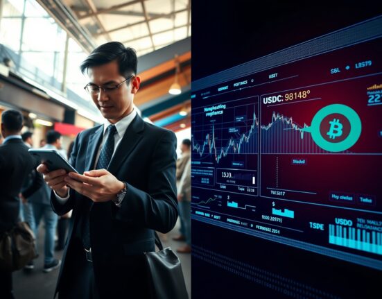 Split scene showing a contactless payment transaction on the left and a DeFi interface on the right, illustrating USDT and USDC specialization.