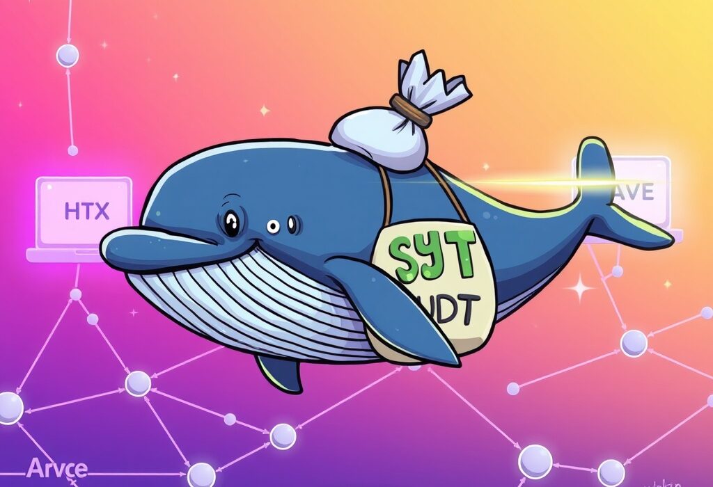 Illustration of a giant whale transferring a huge sum of USDT from HTX to Aave, symbolizing a significant USDT whale transfer and its market impact.
