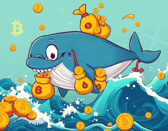 Illustration of a giant whale transferring a huge sum of USDT from HTX to Aave, symbolizing a significant USDT whale transfer and its market impact.