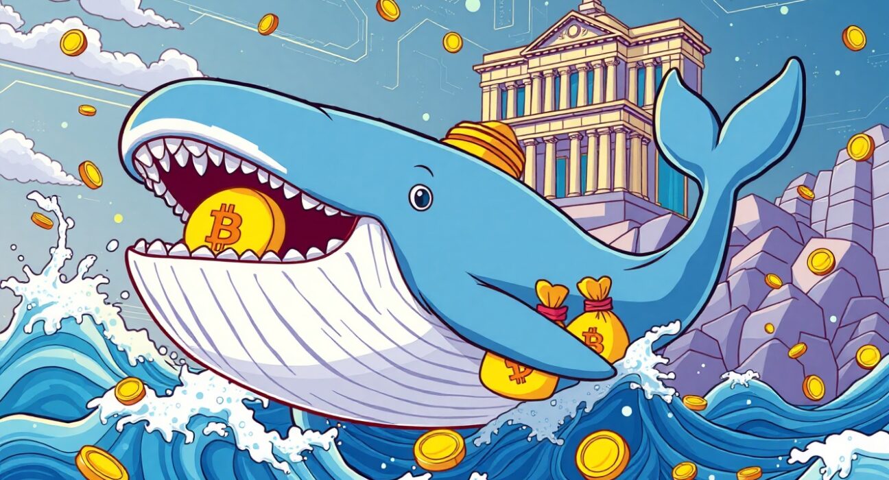Giant whale performing massive USDT whale transfer through blockchain networks in vibrant cartoon style