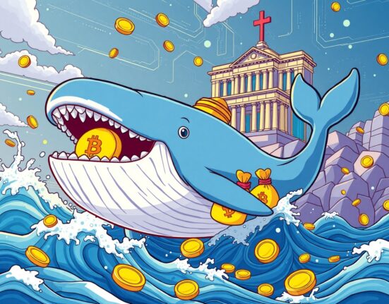Giant whale performing massive USDT whale transfer through blockchain networks in vibrant cartoon style