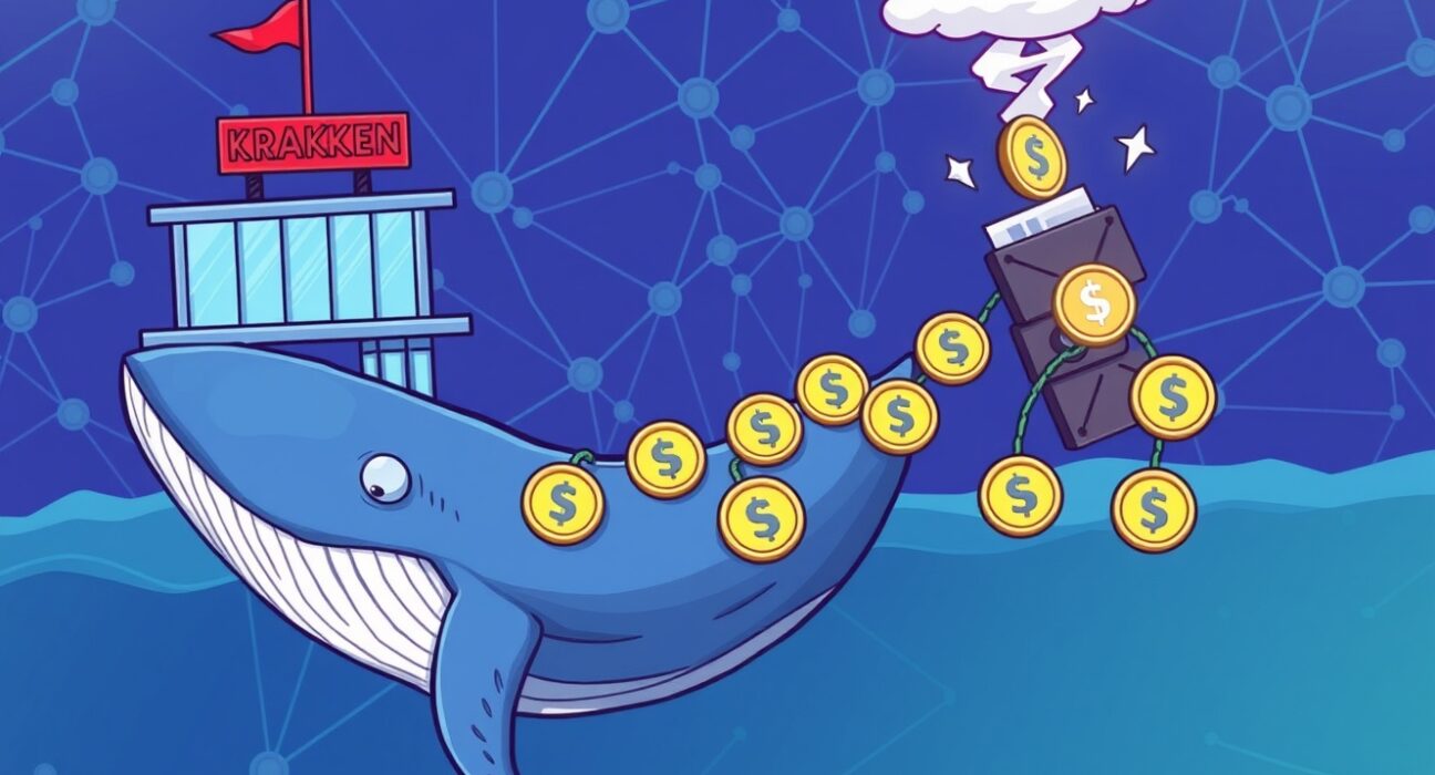 A cartoon whale making a significant USDT whale transfer from a crypto exchange to an unknown wallet, highlighting market impact.