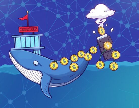 A cartoon whale making a significant USDT whale transfer from a crypto exchange to an unknown wallet, highlighting market impact.