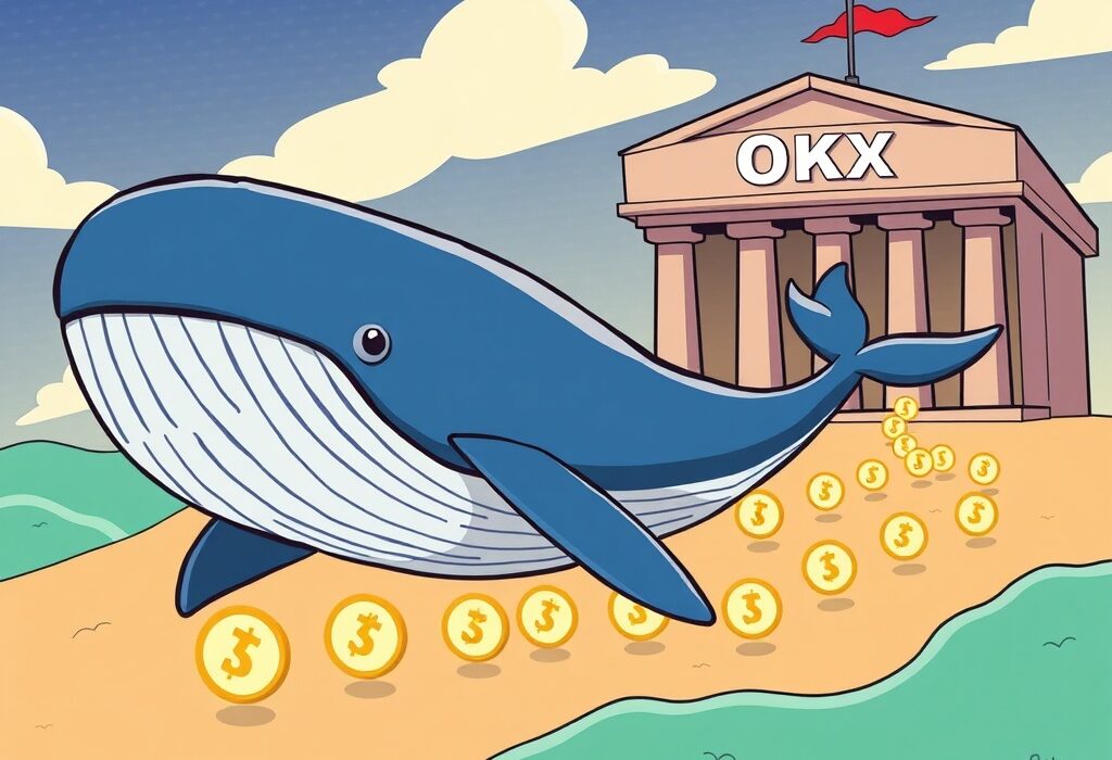 A cartoon whale represents a massive USDT whale transfer, highlighting significant funds moving to OKX exchange.
