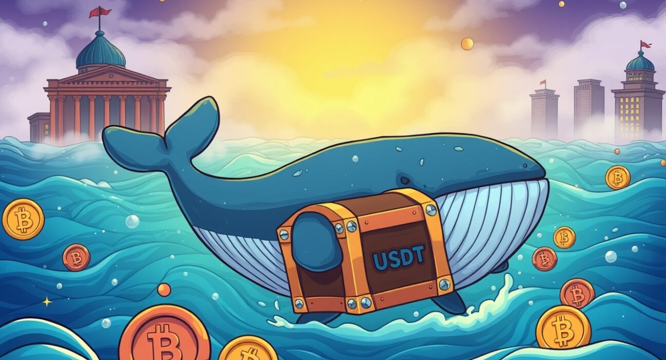 USDT whale transfer depicted as giant whale carrying cryptocurrency treasure to exchange