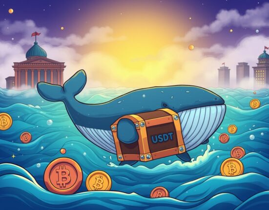 Cartoon illustration of a large USDT whale transfer moving funds to the OKX exchange, symbolizing significant market activity.