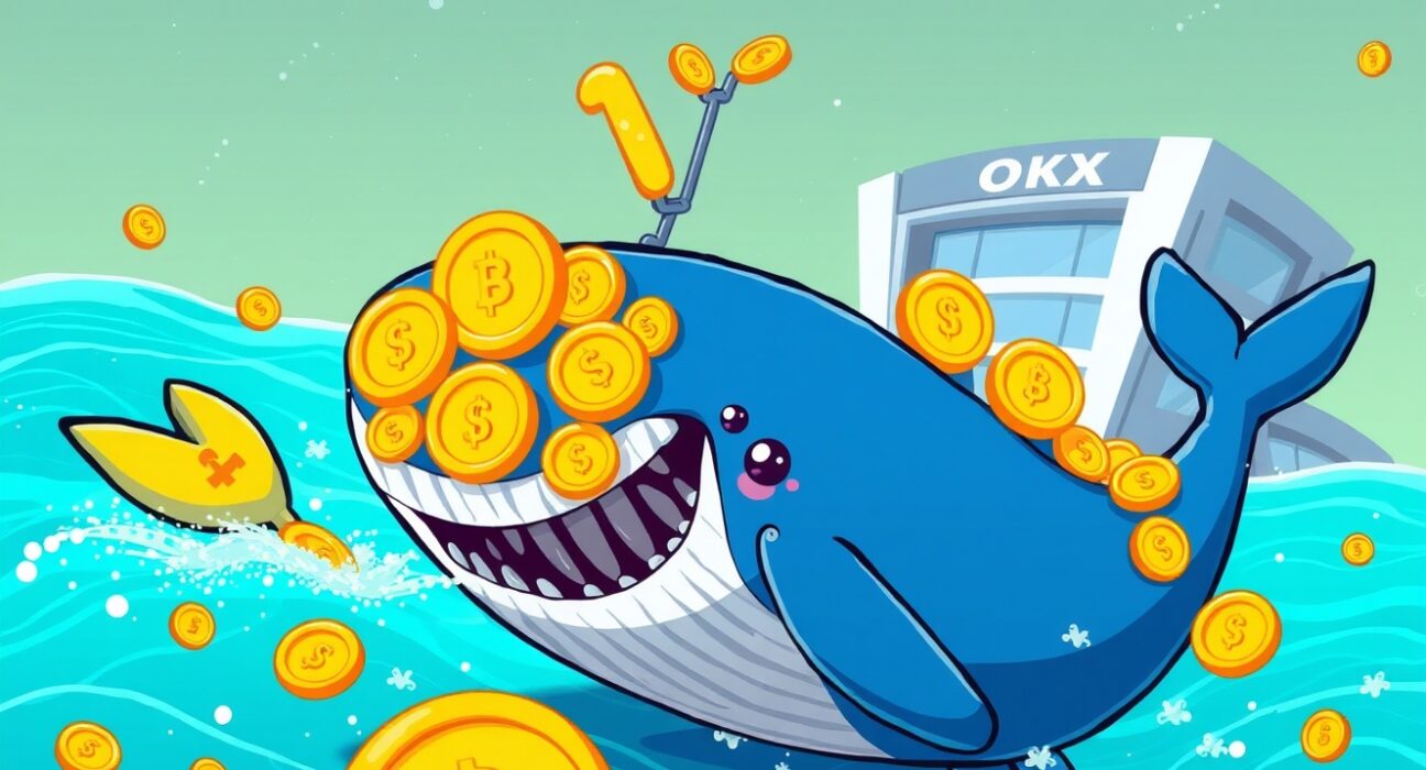 A cartoon whale symbolizing a massive USDT whale transfer moving funds to a cryptocurrency exchange.