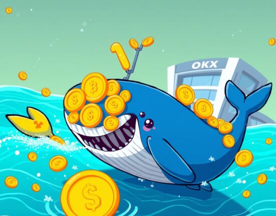 A cartoon whale symbolizing a massive USDT whale transfer moving funds to a cryptocurrency exchange.