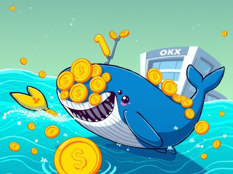 A cartoon whale symbolizing a massive USDT whale transfer moving funds to a cryptocurrency exchange.