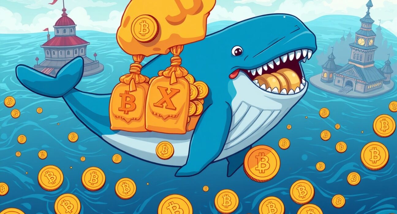 Massive USDT whale transfer depicted as giant whale moving cryptocurrency between exchanges