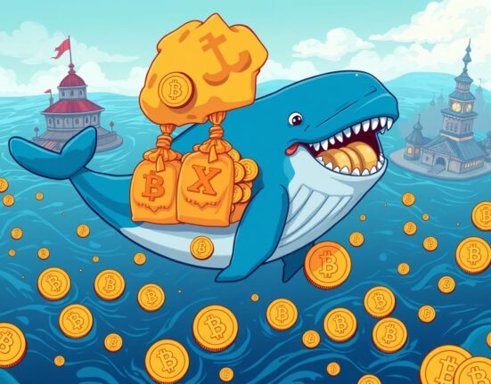 Massive USDT whale transfer depicted as giant whale moving cryptocurrency between exchanges