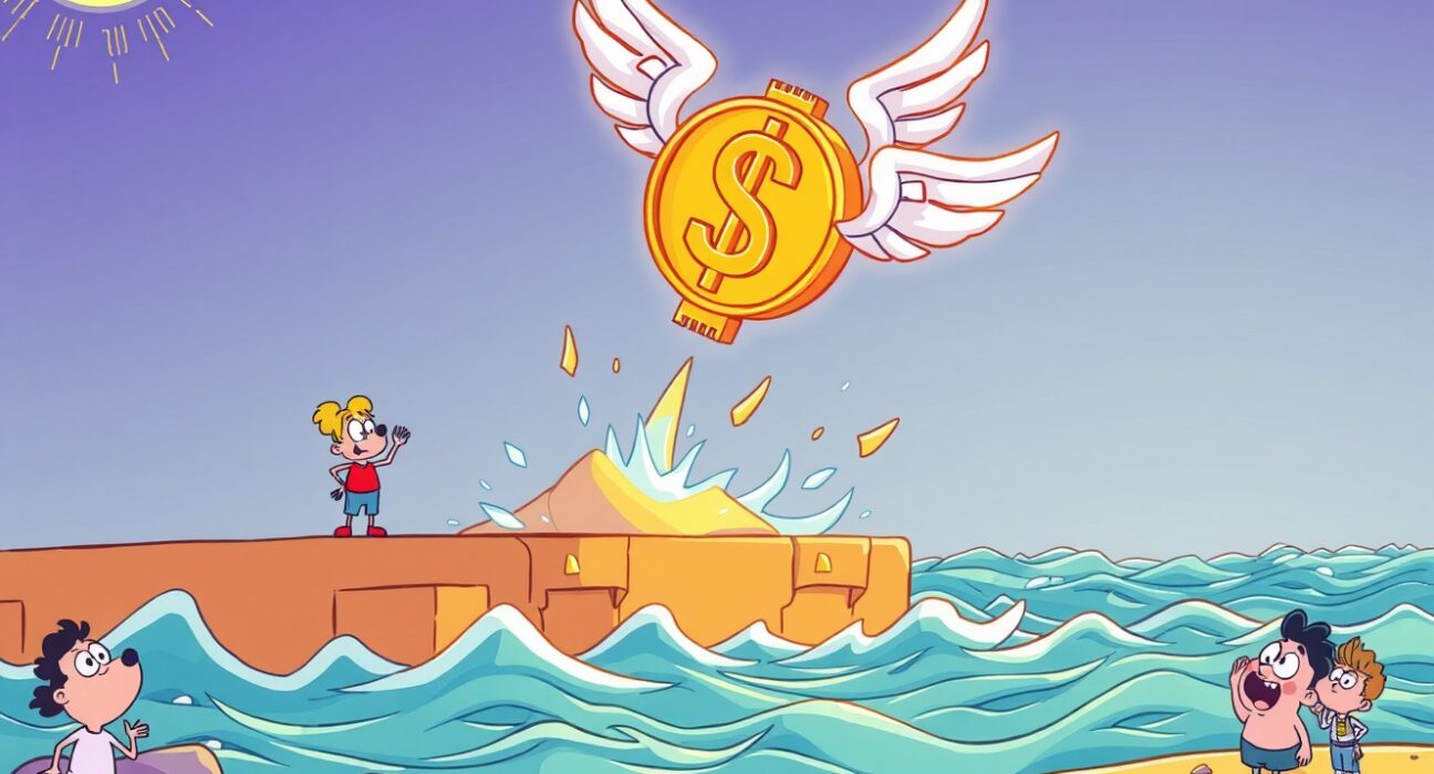 USDX stablecoin de-pegs as illustrated coin falls from stability platform into turbulent digital waters