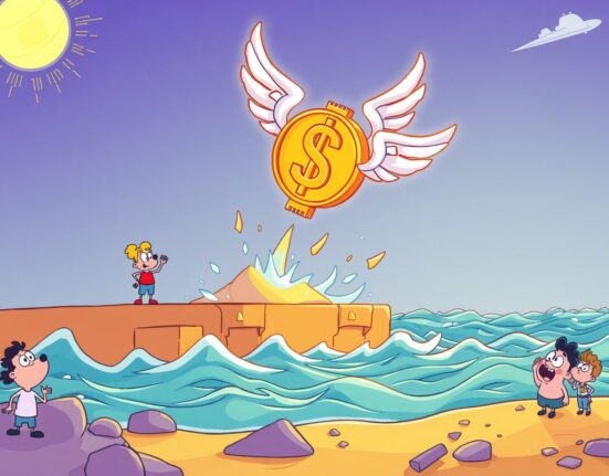 USDX stablecoin de-pegs as illustrated coin falls from stability platform into turbulent digital waters