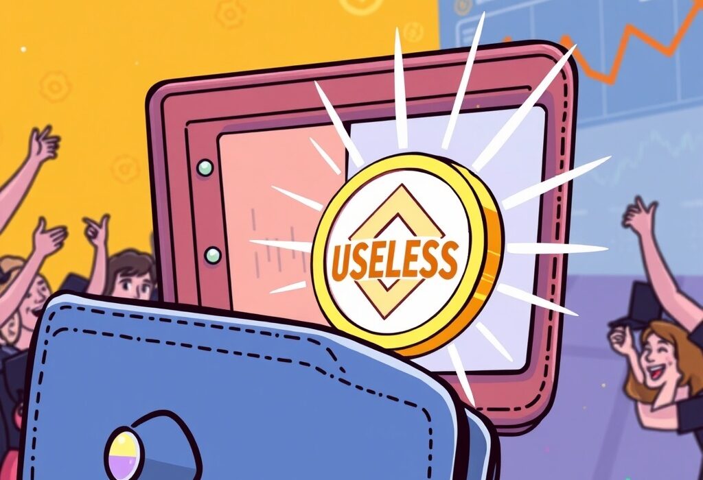 A cartoon illustration showing Useless Coin radiating positive energy within a digital wallet interface, symbolizing its unexpected growth on Binance Alpha.