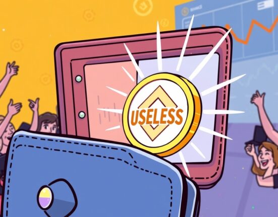 A cartoon illustration showing Useless Coin radiating positive energy within a digital wallet interface, symbolizing its unexpected growth on Binance Alpha.
