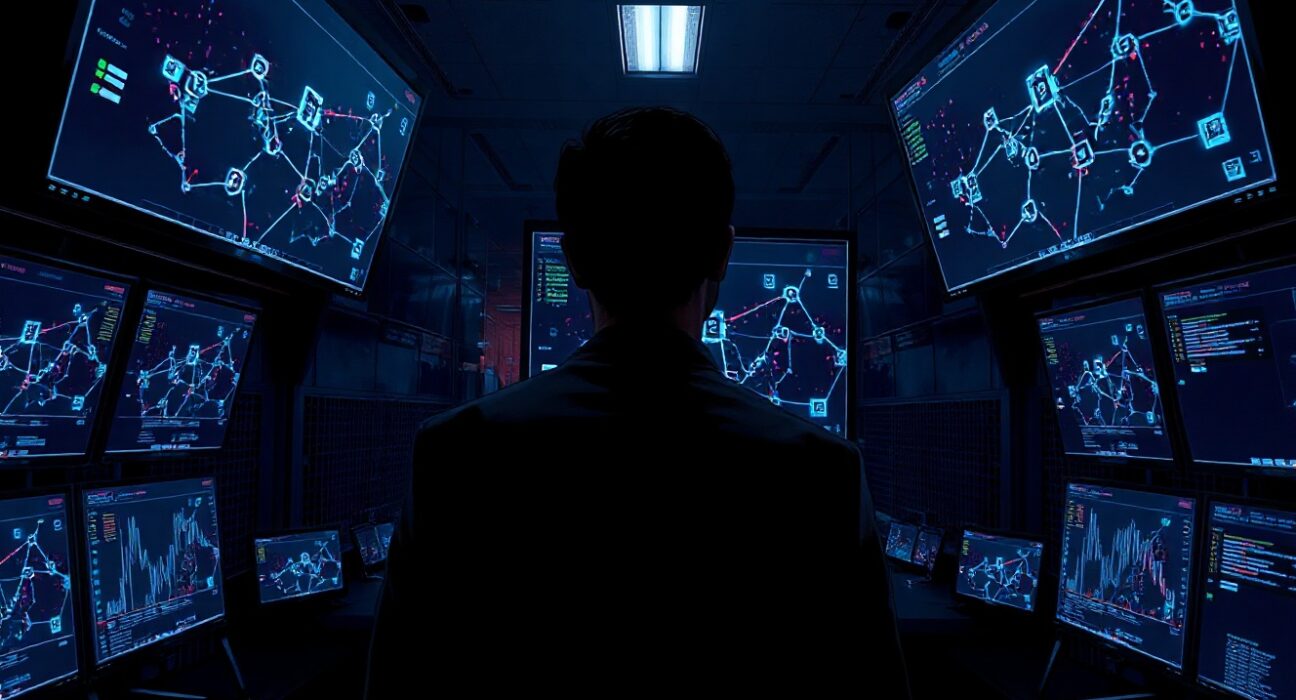 Cybersecurity analyst monitoring blockchain transactions with warning alerts in a dark operations center.