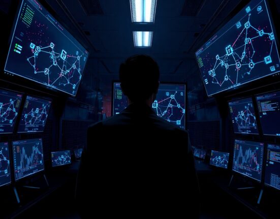 Cybersecurity analyst monitoring blockchain transactions with warning alerts in a dark operations center.
