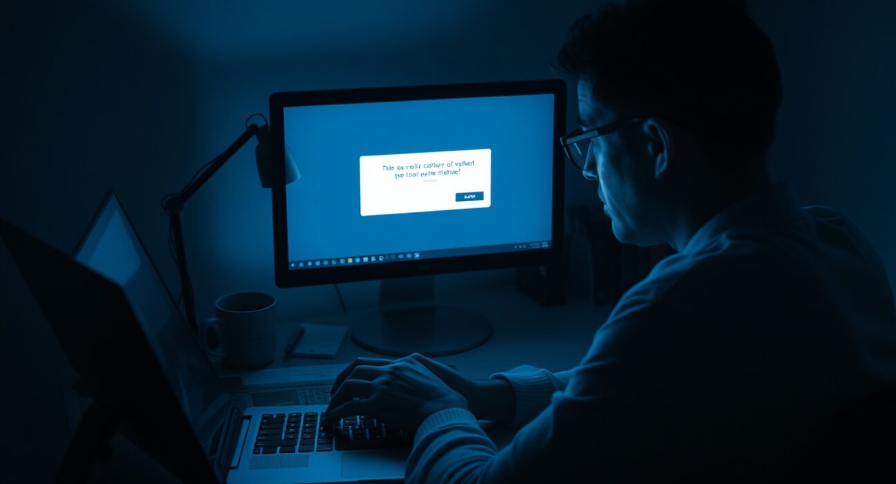 A person at a desk looking worried at a laptop showing a crypto wallet error after a costly transfer mistake.