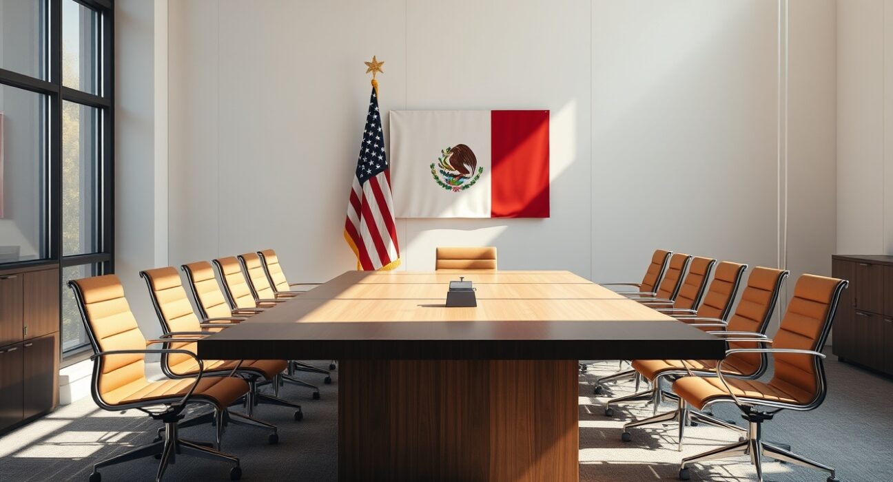 Empty conference room with flags of US, Mexico, and Canada, symbolizing trade negotiations.