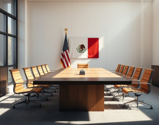 Empty conference room with flags of US, Mexico, and Canada, symbolizing trade negotiations.