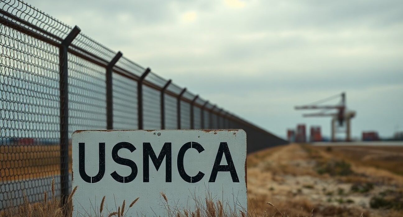 A view of the Mexico-US border fence with a USMCA sign in the foreground under a cloudy sky, representing trade uncertainty.