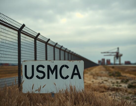 A view of the Mexico-US border fence with a USMCA sign in the foreground under a cloudy sky, representing trade uncertainty.